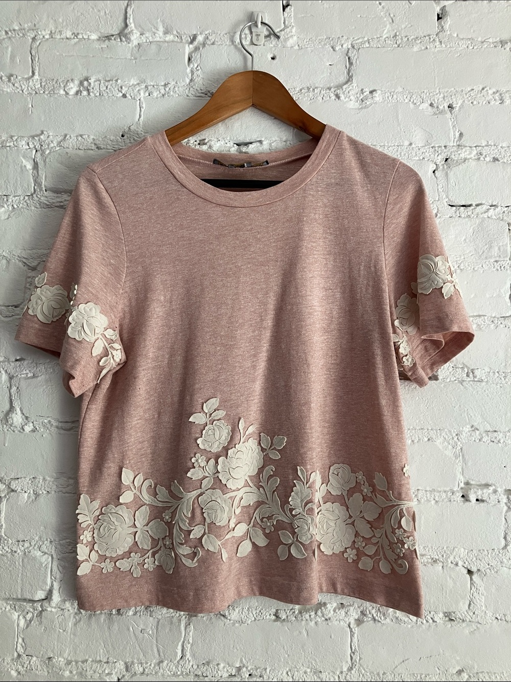 Pink T-shirt with Floral Appliqué